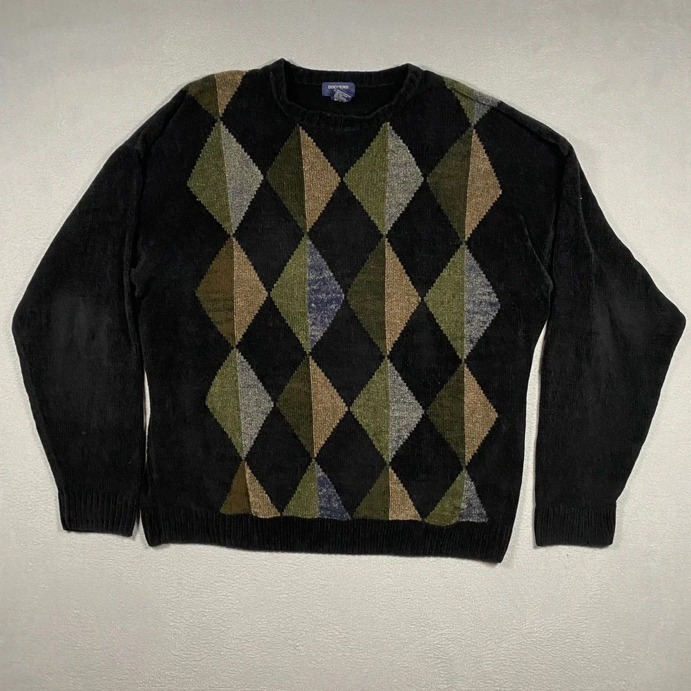 Vintage Dockers Argyle Sweater Mens 2XL Black Chenille Knit Crewneck